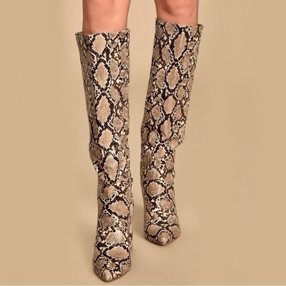 NWT Lulu’s Tan Snakeskin Knee-High Boots Size 7